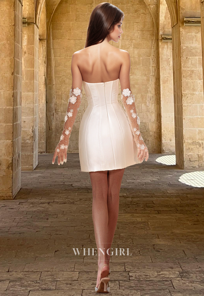 Beaded Sweetheart Sheath Wedding Dress Floral Satin Boho Wedding Dress with Gloves