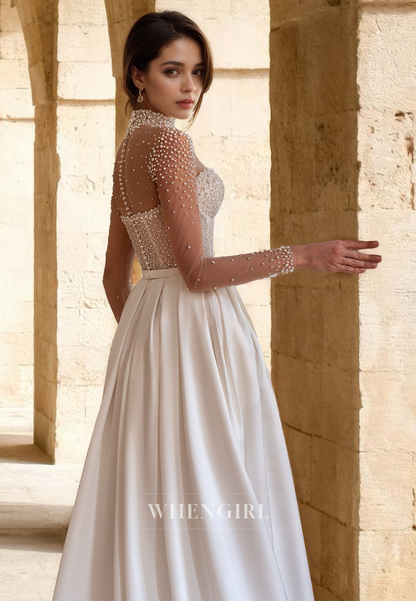 Luxurious Long Sleeves A-Line High Neck Beaded Satin Wedding Dress Boho Gowns