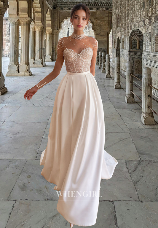 Luxurious Long Sleeves A-Line High Neck Beaded Satin Wedding Dress Boho Gowns