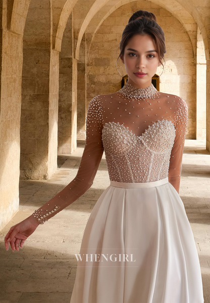 Luxurious Long Sleeves A-Line High Neck Beaded Satin Wedding Dress Boho Gowns