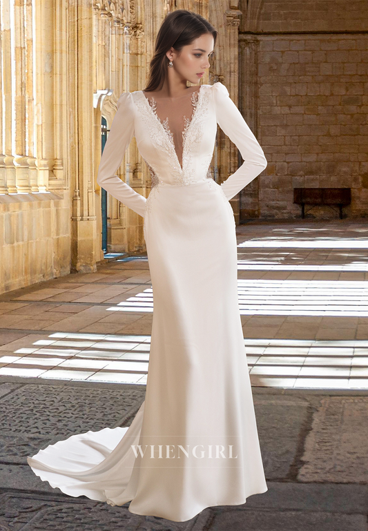 Deep V-Neck Long Sleeves Sweep Train Sequin Satin Wedding Bridal Gowns with Beads