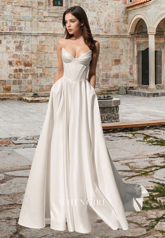 Elegant A-Line Sweetheart Sweep Train Satin Beach Wedding Dress with Pockets Boho Gowns