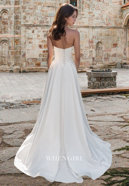 Elegant A-Line Sweetheart Sweep Train Satin Beach Wedding Dress with Pockets Boho Gowns