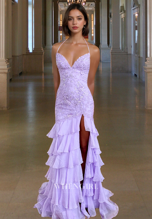 Gorgeous Sweetheart Halter Straps Mermaid Tiered Lace Evening Prom Dress with Appliques