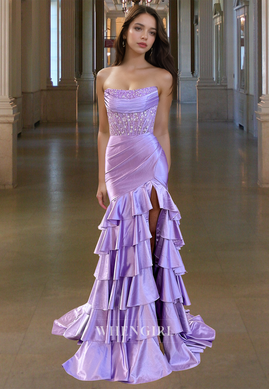 Elegant Tube Top Mermaid Prom Dress Sleeveless Side Slit Satin Party Gowns with Appliques