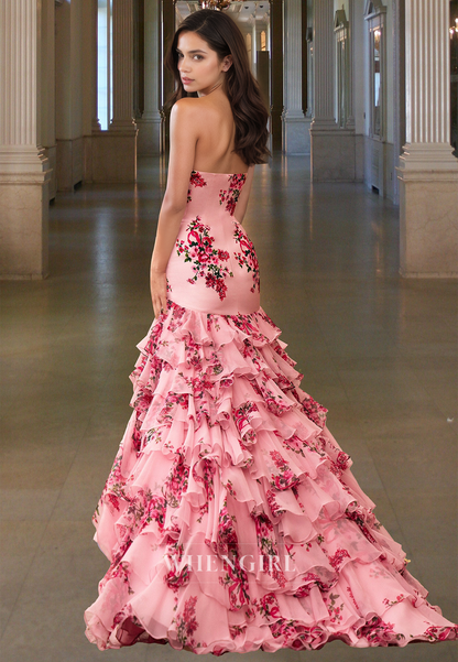 Graceful Tube Top Sleeveless Mermaid Tiered Lace Appliques Formal Prom Dress with Train