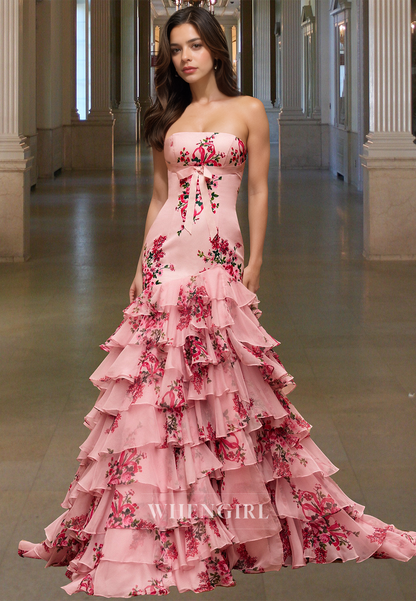 Graceful Tube Top Sleeveless Mermaid Tiered Lace Appliques Formal Prom Dress with Train