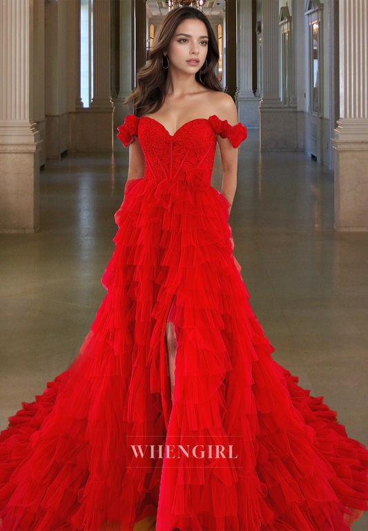Striking A-Line Off-Shoulder Appliques Tiered Lace Ball Gowns with Floral Party Dress