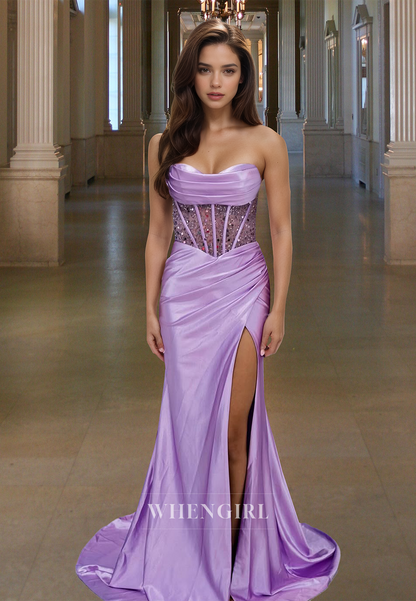 Gorgeous Sweetheart Sheath Prom Dress Side Slit Beads Satin Party Gown with Train
