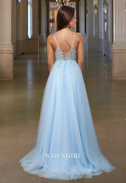 Vintage A-Line V-Neck Spaghetti Straps Beaded Lace Prom Party Dress with Slit