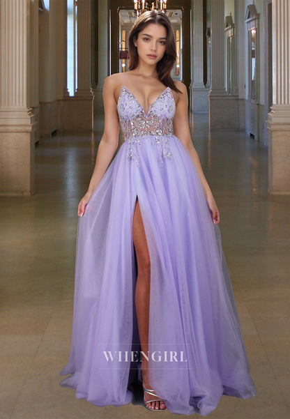 Vintage A-Line V-Neck Spaghetti Straps Beaded Lace Prom Party Dress with Slit