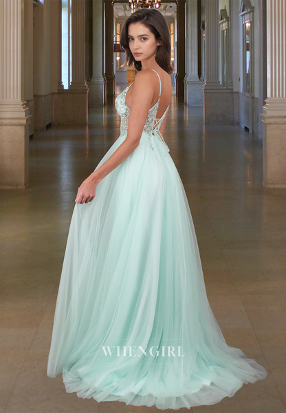 Vintage A-Line V-Neck Spaghetti Straps Beaded Lace Prom Party Dress with Slit