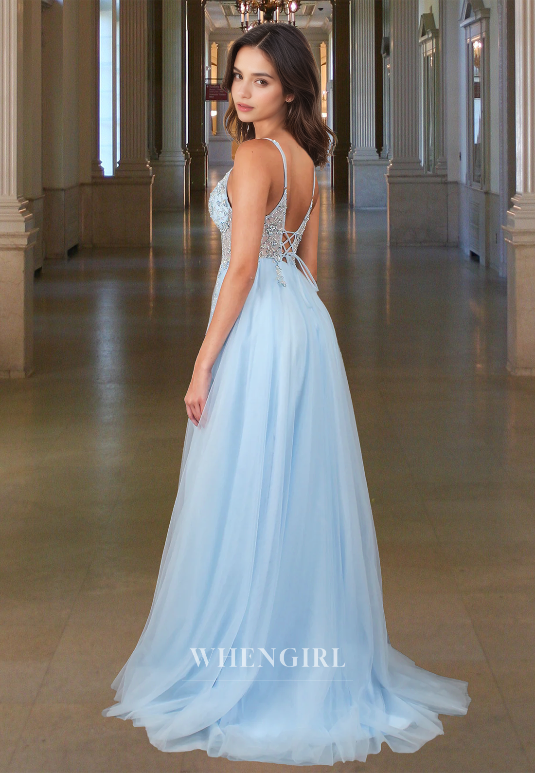 Vintage A-Line V-Neck Spaghetti Straps Beaded Lace Prom Party Dress with Slit