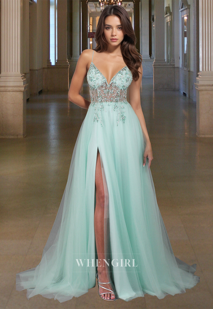Vintage A-Line V-Neck Spaghetti Straps Beaded Lace Prom Party Dress with Slit