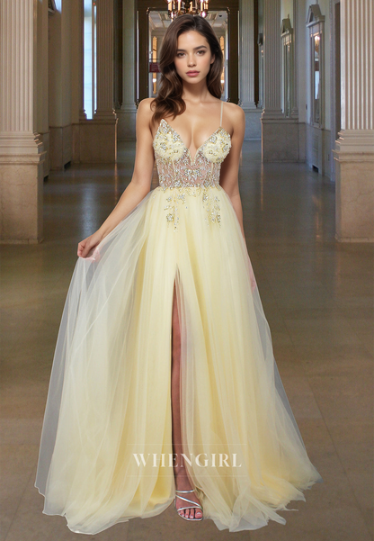 Vintage A-Line V-Neck Spaghetti Straps Beaded Lace Prom Party Dress with Slit