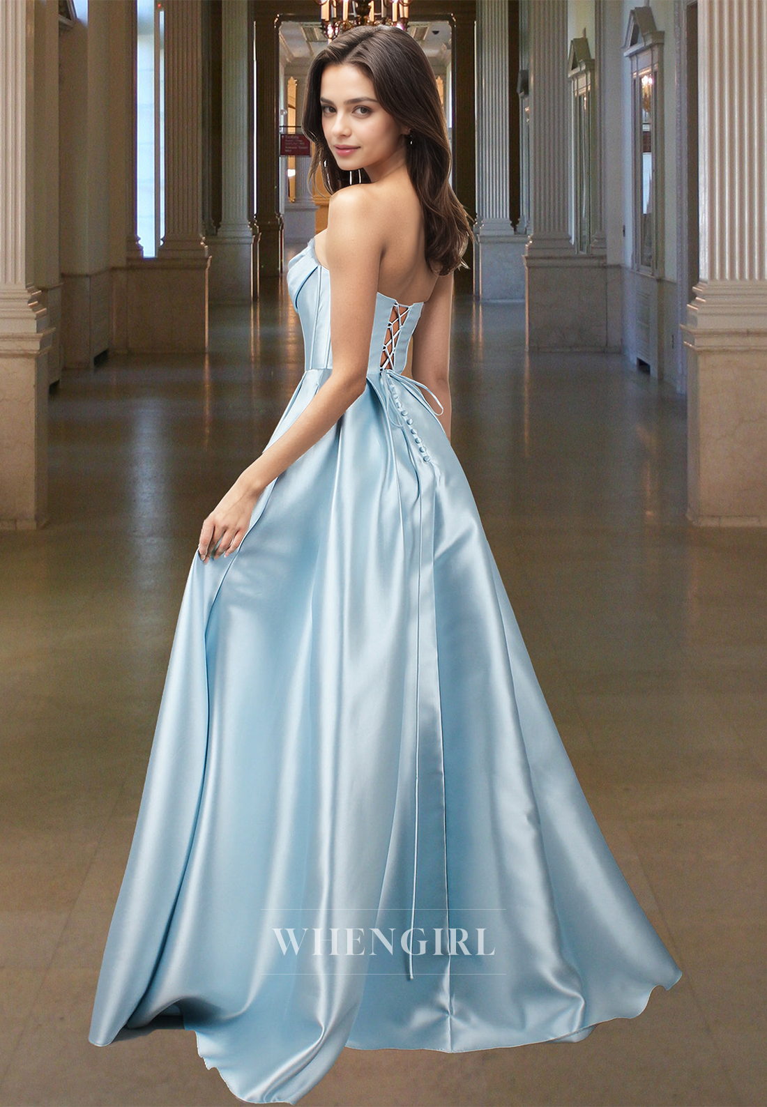 Glamorous A-Line Tube Top Beaded Pleated Satin Prom Dress with Pockets Party Gown
