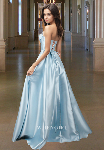 Glamorous A-Line Tube Top Beaded Pleated Satin Prom Dress with Pockets Party Gown