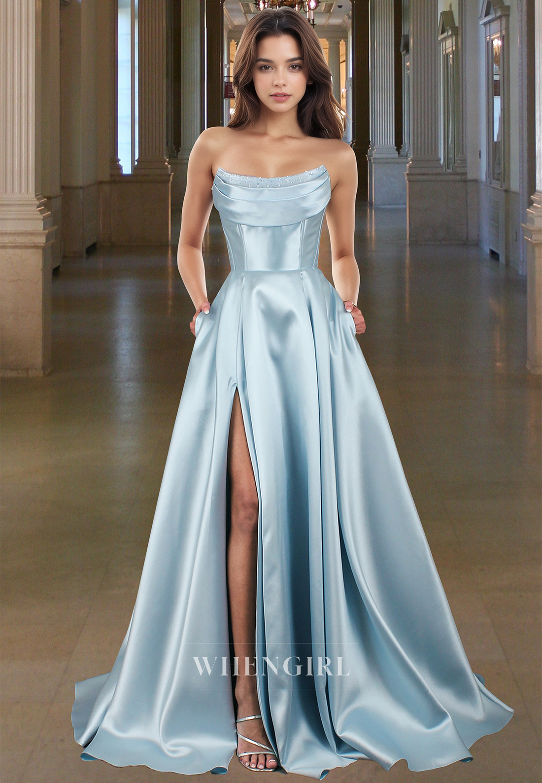 Glamorous A-Line Tube Top Beaded Pleated Satin Prom Dress with Pockets Party Gown