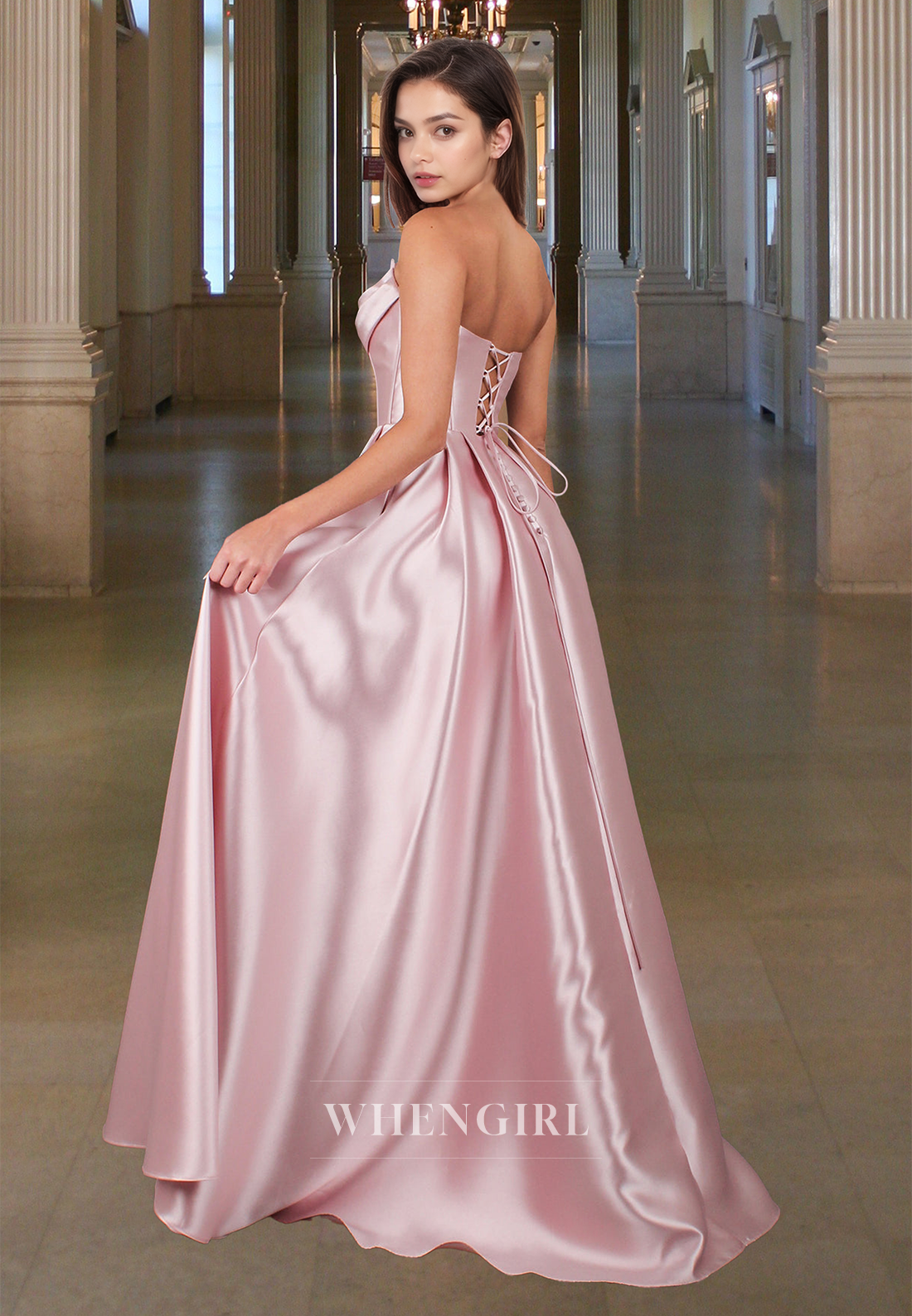 Glamorous A-Line Tube Top Beaded Pleated Satin Prom Dress with Pockets Party Gown
