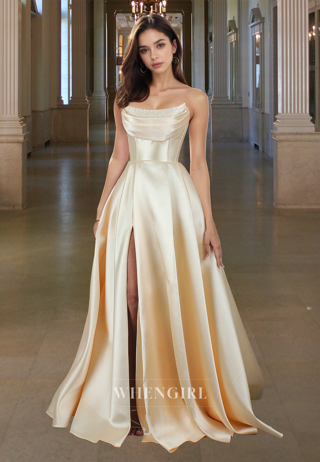 Glamorous A-Line Tube Top Beaded Pleated Satin Prom Dress with Pockets Party Gown