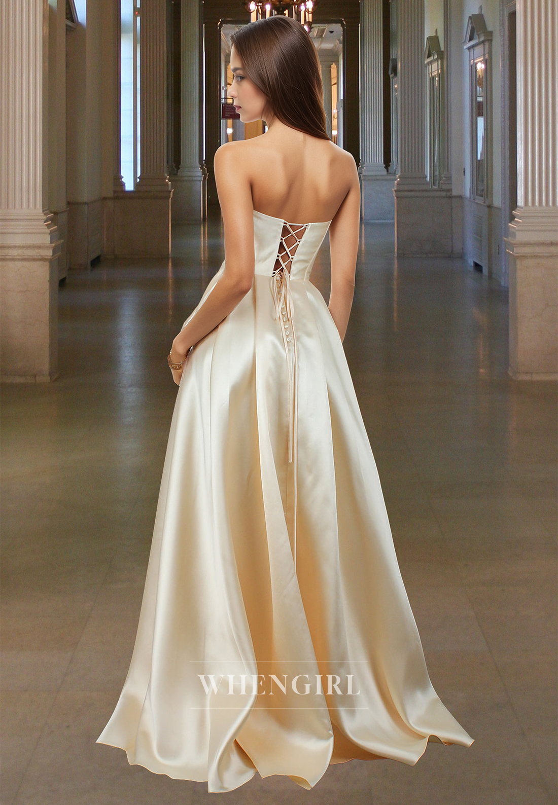 Glamorous A-Line Tube Top Beaded Pleated Satin Prom Dress with Pockets Party Gown