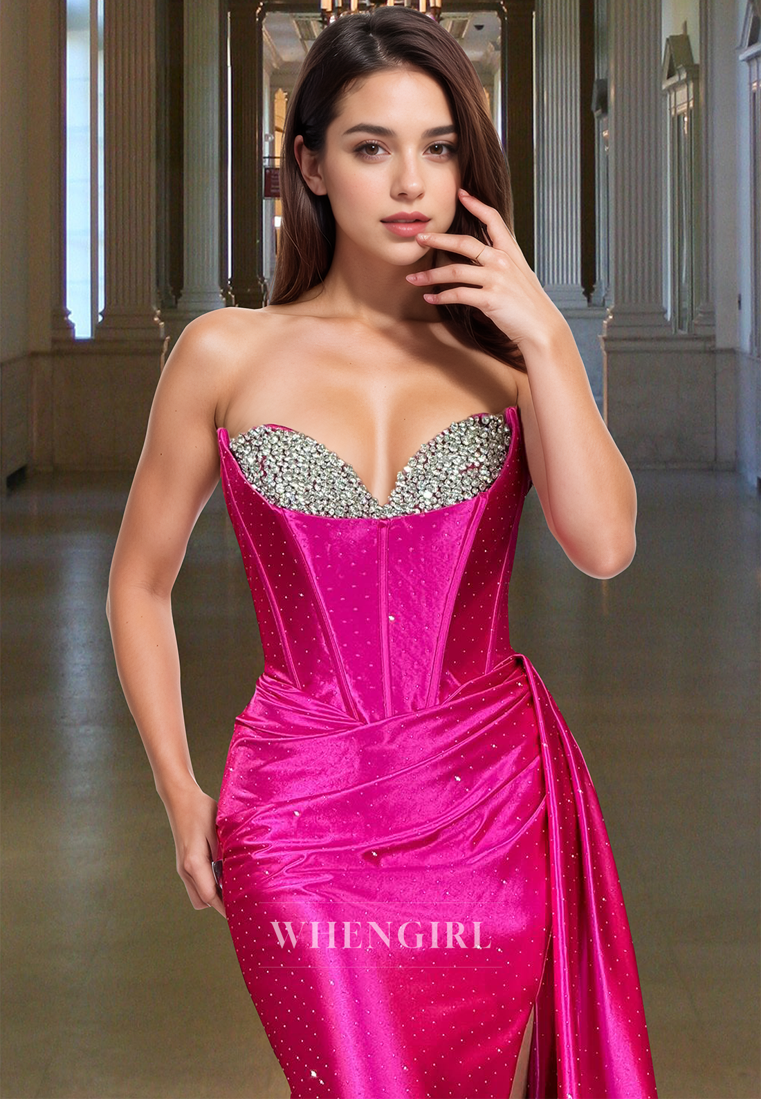 Stunning Sweetheart Empire Waist Side Slit Pleats Satin Evening Party Gown with Beads
