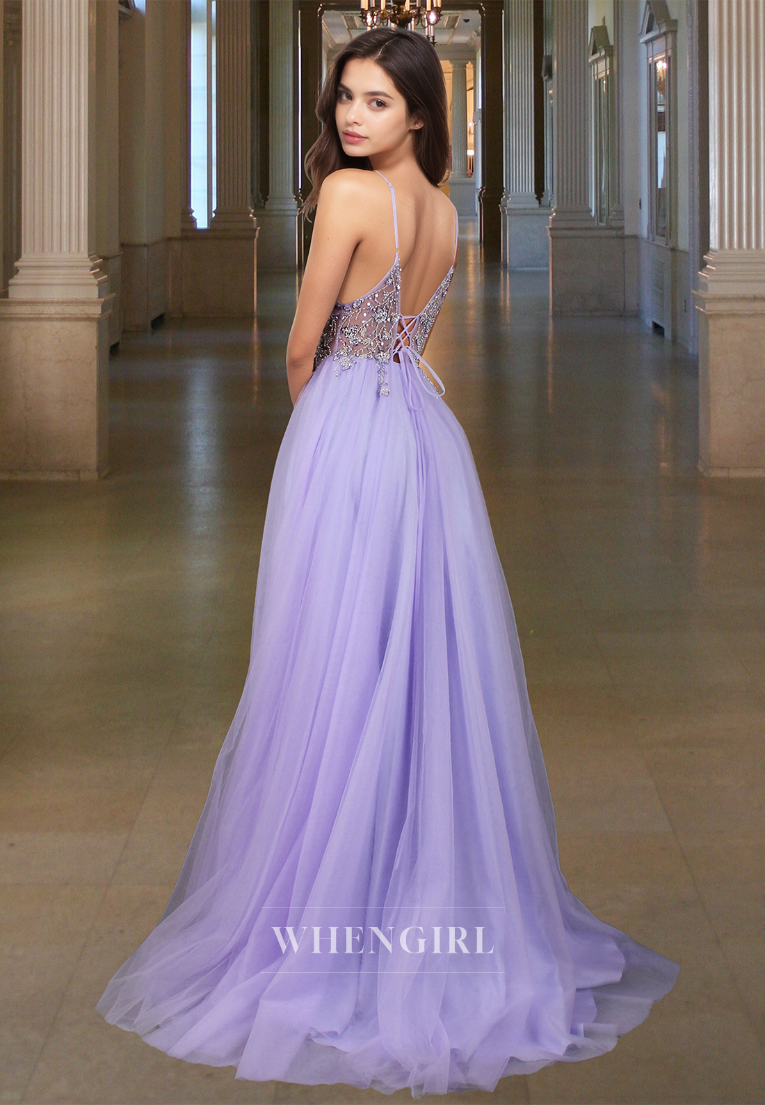 Vintage A-Line V-Neck Spaghetti Straps Beaded Lace Prom Party Dress with Slit