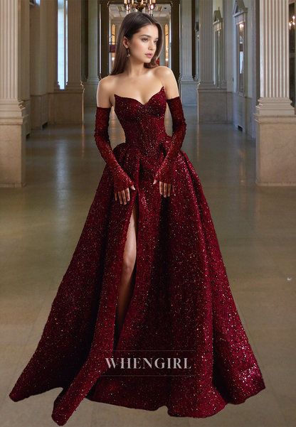 Glamorous Long Sleeves A-Line Sweetheart Sequin Evening Party Gowns with Slit