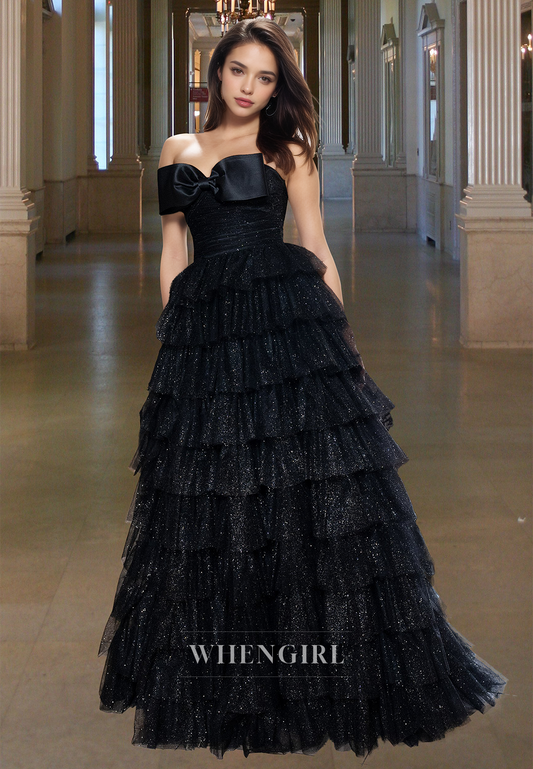 Stunning A-Line Tube Top Bows Tiered Glitter Knit Ball Gowns Party Dress with Slit