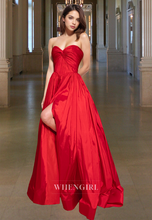 Classic Sweetheart Sleeveless Sweep train A-Line Satin Formal Prom Dress with Pockets