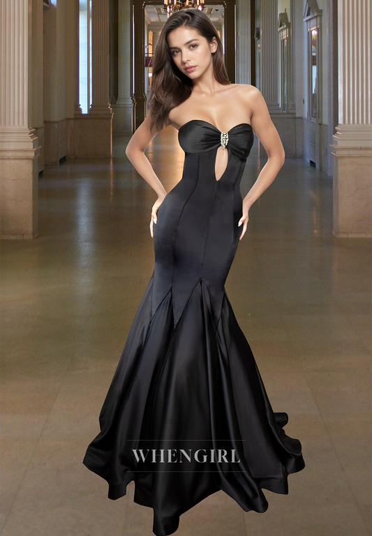 Graceful Sweetheart Mermaid Prom Dress Beaded Satin Formal Party Dress with Train