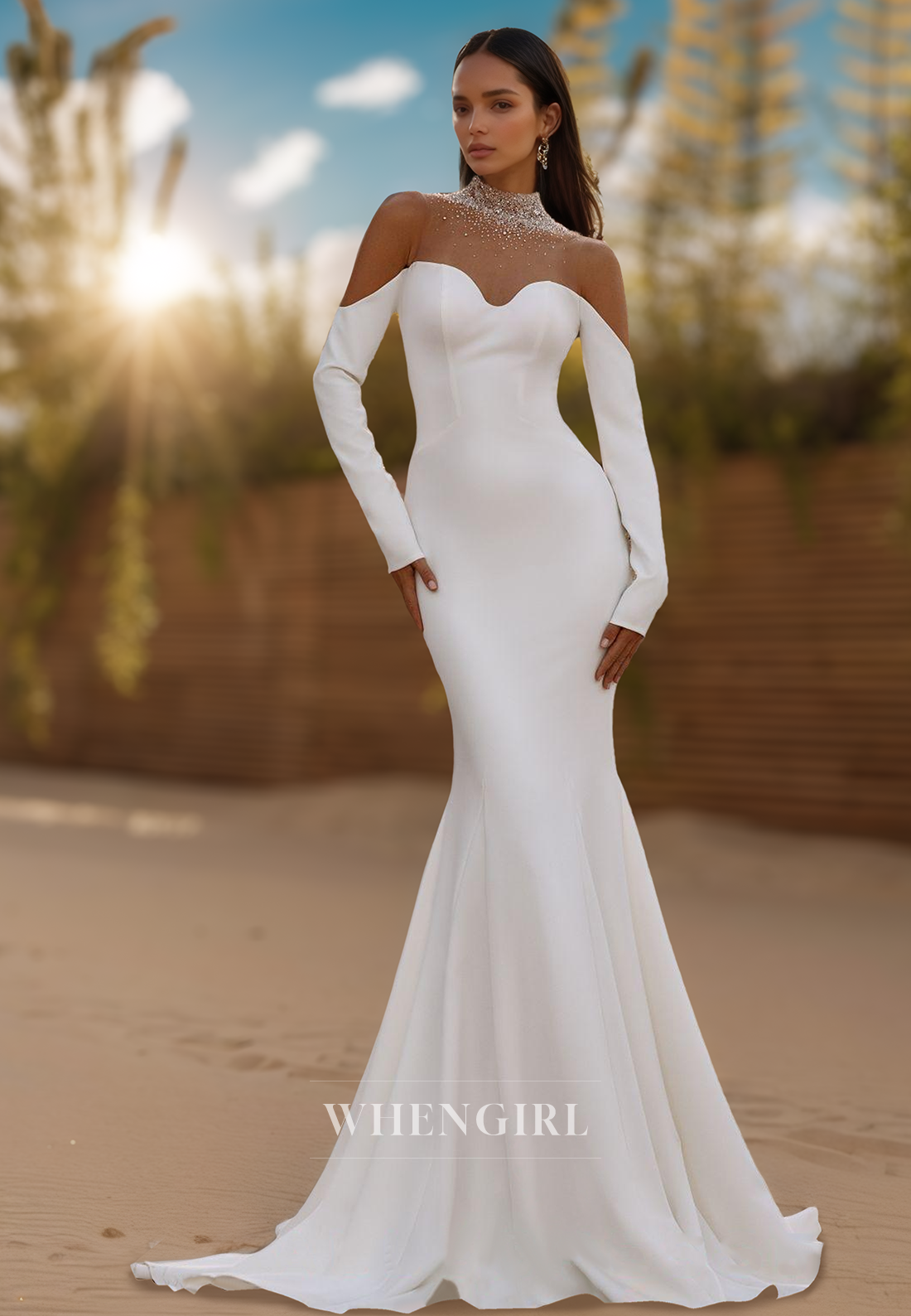 Bohemian High Neck Long Sleeves Mermaid Satin Beach Wedding Gowns with Beaded