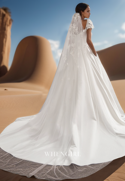 Elegant Scoop Neck Short Sleeves A-Line Satin Wedding Dress Bridal Gown with Appliques