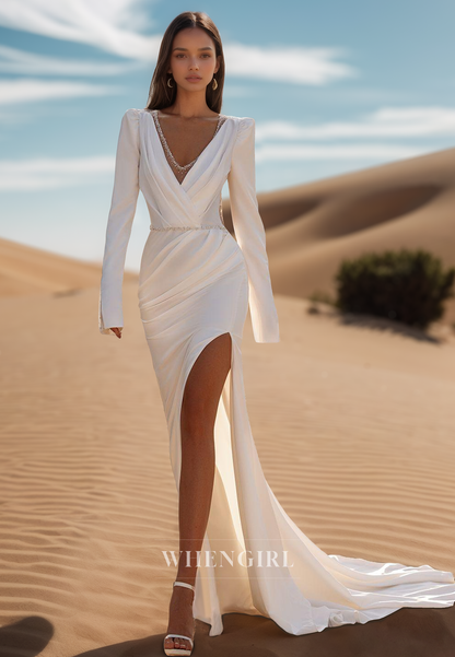 Vintage Long Sleeve V-Neck Sheath High Slit Train Satin Beach Wedding Dress with Beads