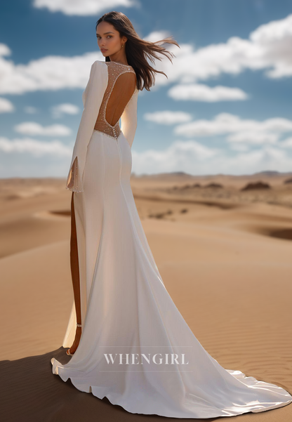 Vintage Long Sleeve V-Neck Sheath High Slit Train Satin Beach Wedding Dress with Beads