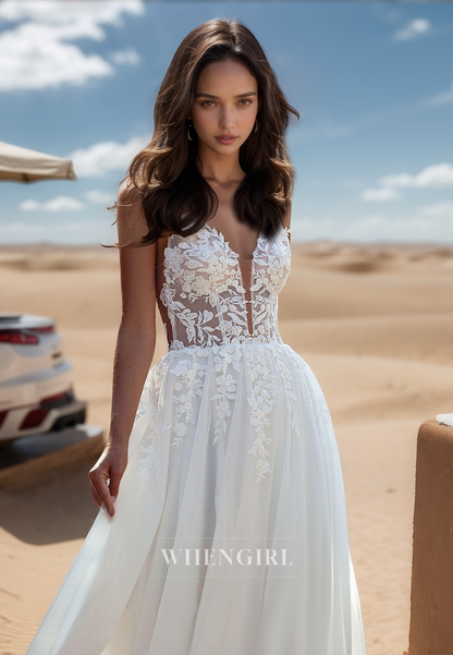 Chic A-Line V-Neck Straps Sleeveless Lace Long Wedding Dress Boho Gown with Appliques