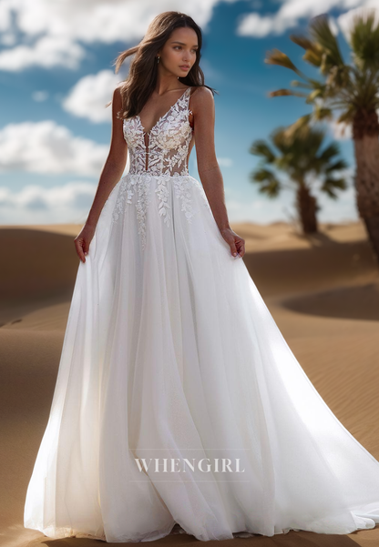 Chic A-Line V-Neck Straps Sleeveless Lace Long Wedding Dress Boho Gown with Appliques