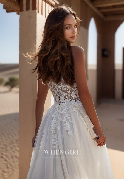 Chic A-Line V-Neck Straps Sleeveless Lace Long Wedding Dress Boho Gown with Appliques