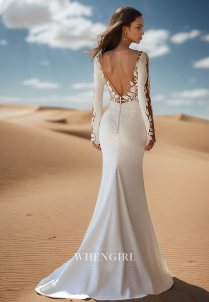 Classic V-Neck Mermaid Wedding Dress Long Sleeves Satin Bridal Gown with Appliques
