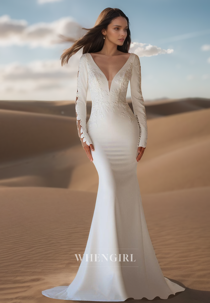 Classic V-Neck Mermaid Wedding Dress Long Sleeves Satin Bridal Gown with Appliques