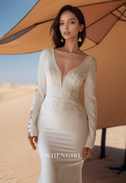 Classic V-Neck Mermaid Wedding Dress Long Sleeves Satin Bridal Gown with Appliques