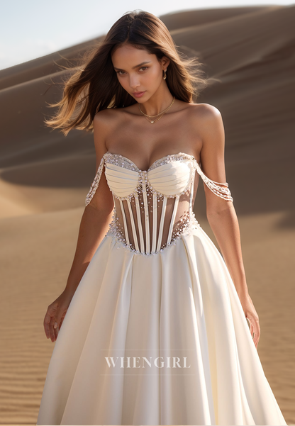 Luxurious A-Line Sweetheart Stripe Ruched Satin Long Bridal Wedding Dress with Beaded