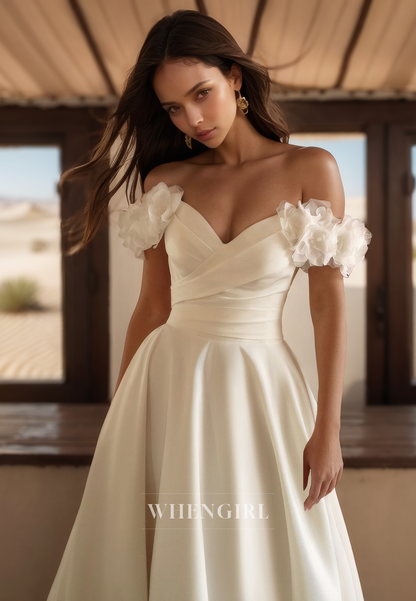 Elegant A-Line Sweetheart Sleeveless Ruched Satin Bridal Wedding Dress with Floral