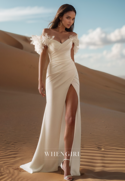Simple Sweetheart Sheath Wedding Dress Floral Pleats Satin Bridal Gowns with Slit