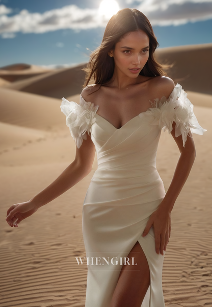 Simple Sweetheart Sheath Wedding Dress Floral Pleats Satin Bridal Gowns with Slit