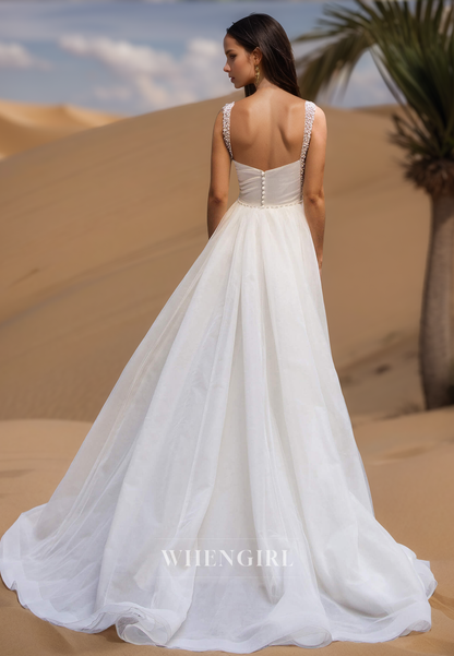 Beaded Square Neck Straps Sheath Side Slit Pleats Satin Boho Wedding Gowns with Overskirt
