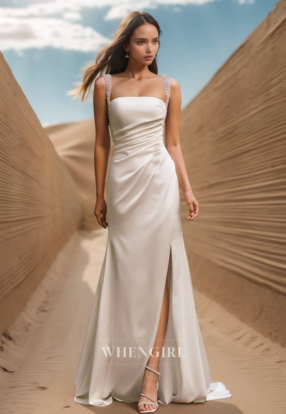 Beaded Square Neck Straps Sheath Side Slit Pleats Satin Boho Wedding Gowns with Overskirt