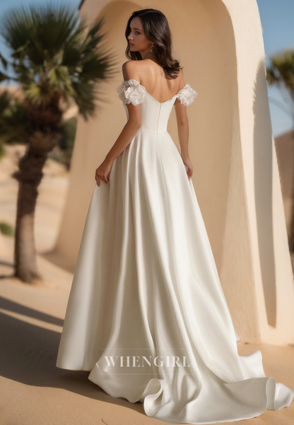 Elegant A-Line Sweetheart Sleeveless Ruched Satin Bridal Wedding Dress with Floral