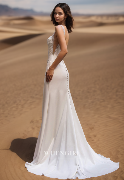 Beaded Square Neck Straps Sheath Side Slit Pleats Satin Boho Wedding Gowns with Overskirt