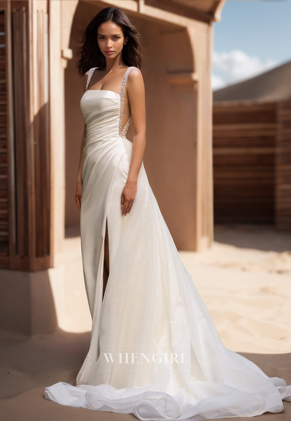 Beaded Square Neck Straps Sheath Side Slit Pleats Satin Boho Wedding Gowns with Overskirt